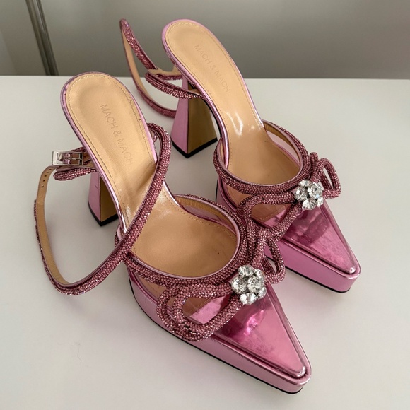MACH & MACH Metalic Pink Double Crystal Bow Platform Pump - Picture 6 of 7